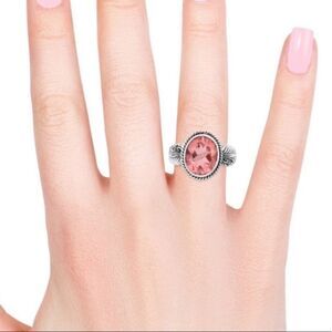 Sterling Silver Fern Leaves Oval Pink Morganite Stone Stylish Ring Jewerly